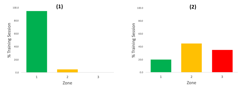 heart rate distribution from a 2-hour low-intensity endurance session and a 4 x 8-minute high-intensity interval session